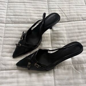 Zara Black Pointed Slingback Heels with Dual Toe Buckles